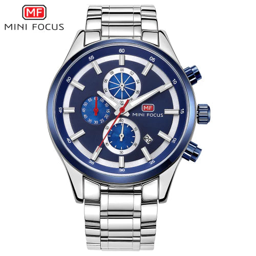 Mini Focus Silver Stainless Steel Blue Dial Chronograph Quartz Watch for Gents - MF0081G-03