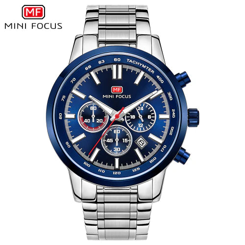 Mini Focus Silver Stainless Steel Blue Dial Chronograph Quartz Watch for Gents - MF0133G-01