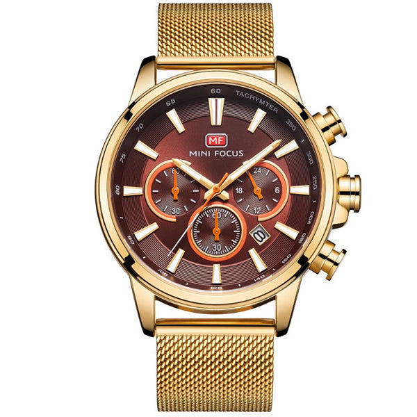 Mini Focus Gold Mesh Bracelet Maroon Dial Chronograph Quartz Watch for Gents - MF0142G-03