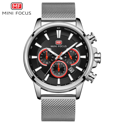 Mini Focus Silver Mesh Bracelet Black Dial Chronograph Quartz Watch for Gents - MF0142G-01