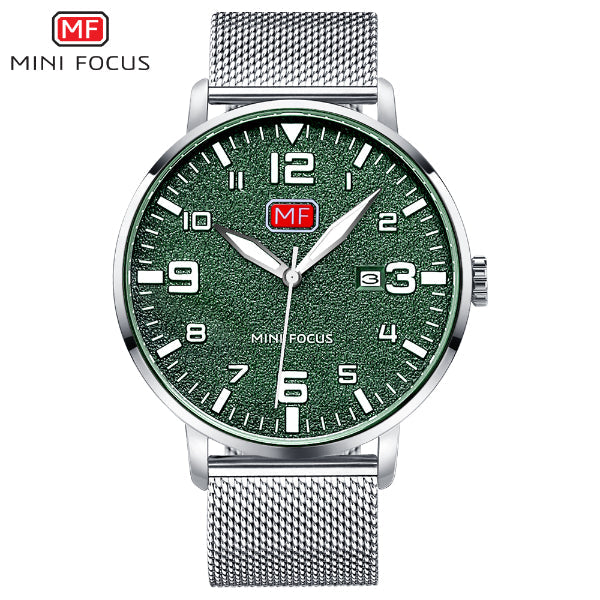 Mini Focus Silver Mesh Bracelet Green Dial Quartz Watch for Gents - MF0158G-07