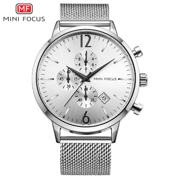 Mini Focus Silver Mesh Bracelet Silver Dial Chronograph Quartz Watch for Gents - MF0185G-01