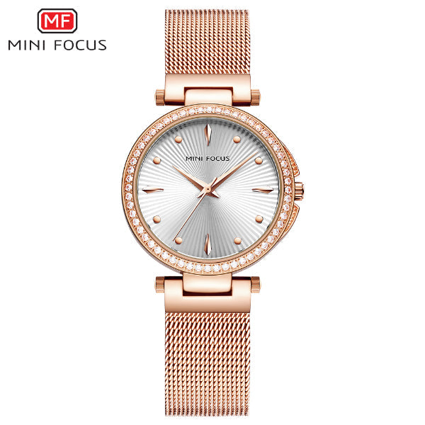 Mini Focus Rose Gold Mesh Bracelet Silver Dial Quartz Watch for Ladies - MF0194L-04