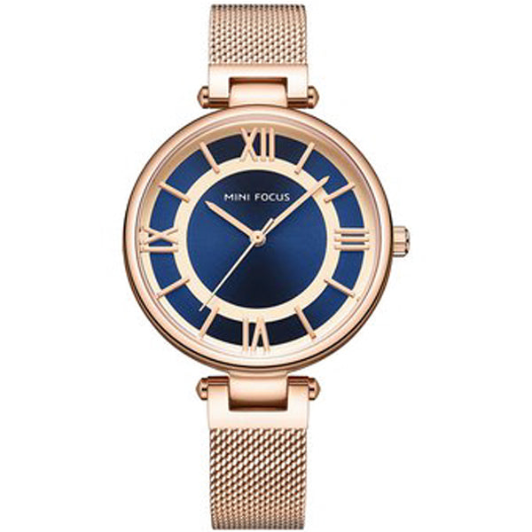 Mini Focus Rose Gold Mesh Bracelet Blue Dial Quartz Watch for Ladies - MF0234L-02