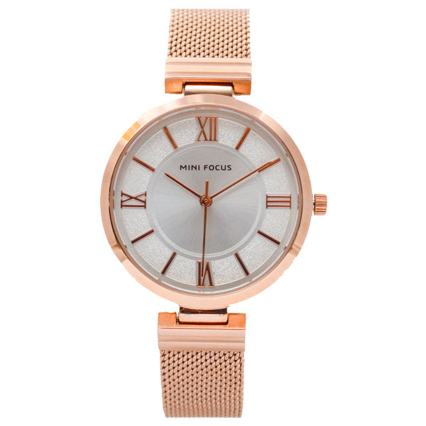 Mini Focus Rose Gold Mesh Bracelet Silver Dial Quartz Watch for Ladies - MF0272L-01