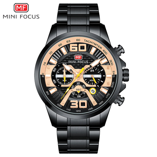 Mini Focus Black Stainless Steel Black Dial Chronograph Quartz Watch for Gents - MF0336G-05