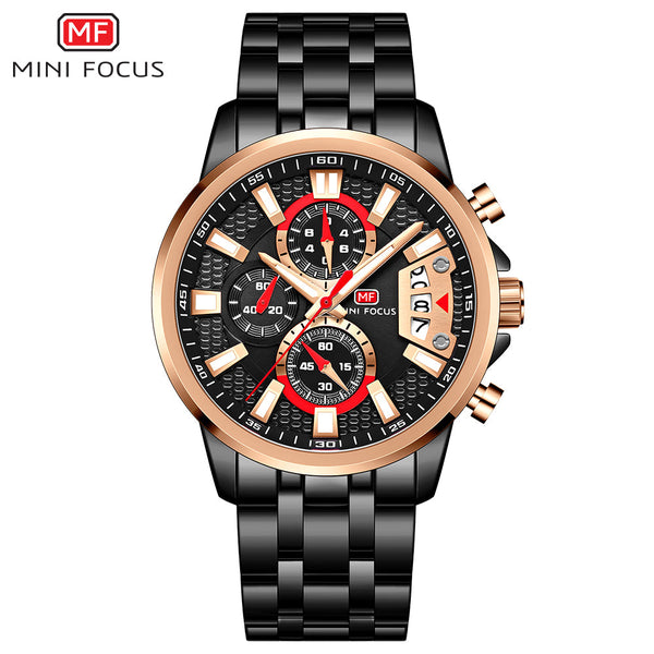 Mini Focus Black Stainless Steel Black Dial Chronograph Quartz Watch for Gents - MF0352G-04