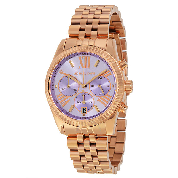 Michael Kors Lexington Rose Gold Stainless Steel Purple Dial Chronograph Quartz Watch for Ladies - MK-6207