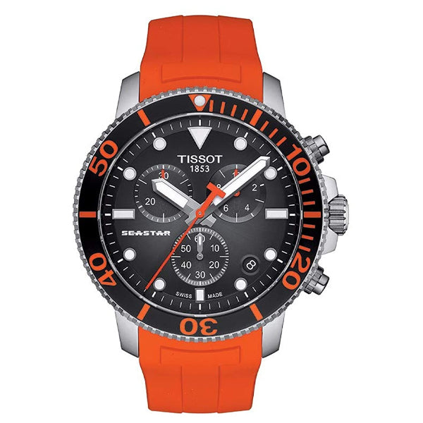 Tissot Seastar 1000 Orange Rubber Strap Black Dial Chronograph Quartz Watch for Men's - T120.417.17.051.01