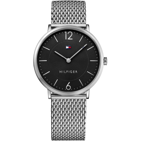 Tommy Hilfiger James Silver Mesh Bracelet Black Dial Quartz Watch for Gents - 1710355