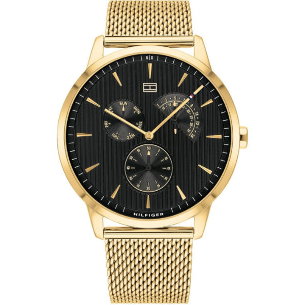 Tommy Hilfiger Brad Gold Mesh Bracelet Black Dial Quartz Watch for Gents - 1710386