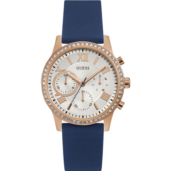 Guess Solar Blue Silicone Strap Silver Dial Chronograph Quartz Watch for Ladies - W1135L3