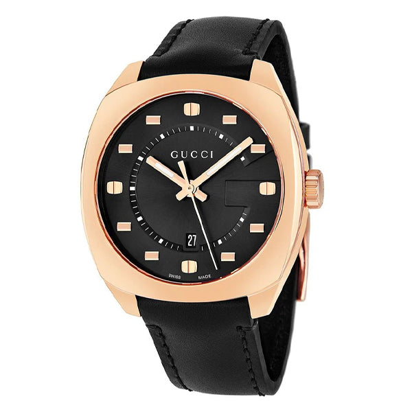 Gucci GG2570 Black Leather Black Dial Quartz Watch for Gents- GUCCI YA142309