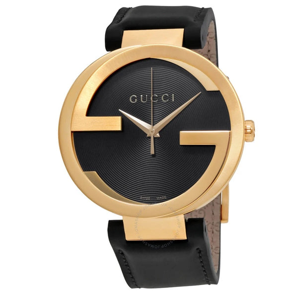 Gucci Interlocking Black Leather Black Dial Quartz Watch for Gents - YA133212