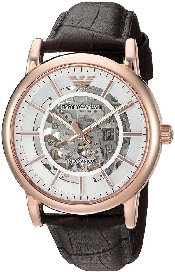 Emporio Armani Meccanico Black Leather Strap Skeleton Dial Automatic Watch for Gents - AR60007