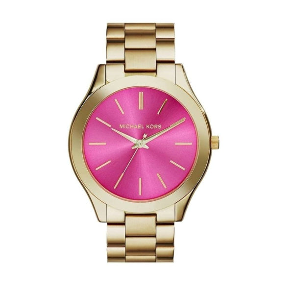 Michael Kors Slim Runway Gold Stainless Steel Pink Dial Quartz Watch for Ladies - MK3264