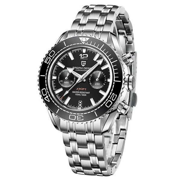 Pagani Design Silver Stainless Steel Black Dial Chronograph Quartz Watch for Gents - PD1711