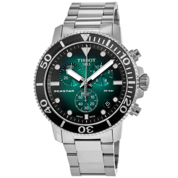 Tissot Seastar 100 Silver Stainless Steel Graded Green Dial Chronograph Quartz Watch for Men's - T120.417.11.091.00